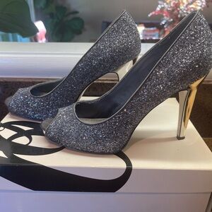 Nine West Silver Glitter Peep-Toe Heels